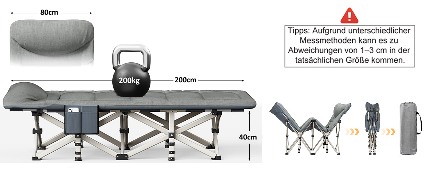 Розкладне кемпінгове ліжко CALIYO з матрацом, 200x80x40 см, витримує до 200 кг, сталевий каркас, тканина Оксфорд, сіре (з сумкою для зберігання)