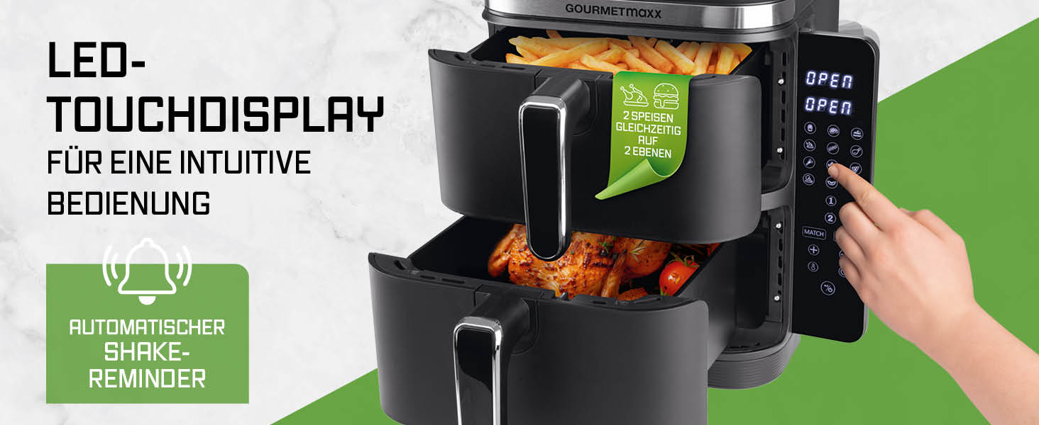 Фритюрниця повітряна Gourmetmaxx FryUp з вертикальною подвійною камерою, 10 літрів (2x5л), сенсорний дисплей