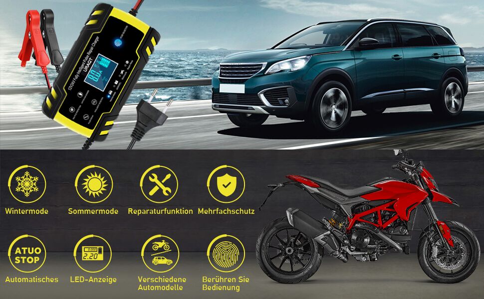 Зарядний пристрій для акумулятора URAQT 8A: 12V/24V, розумна автоматична зарядка для авто, LCD дисплей, режим ремонту, захист, для авто, вантажівок, газонокосарок, човнів