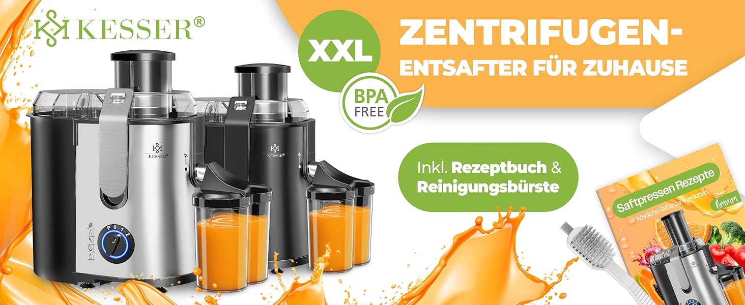 KESSER® Електрична центрифужна соковитискачка для фруктів та овочів з нержавіючої сталі 1100W, велика завантажувальна трубка, 3 швидкості, сірий/срібний колір