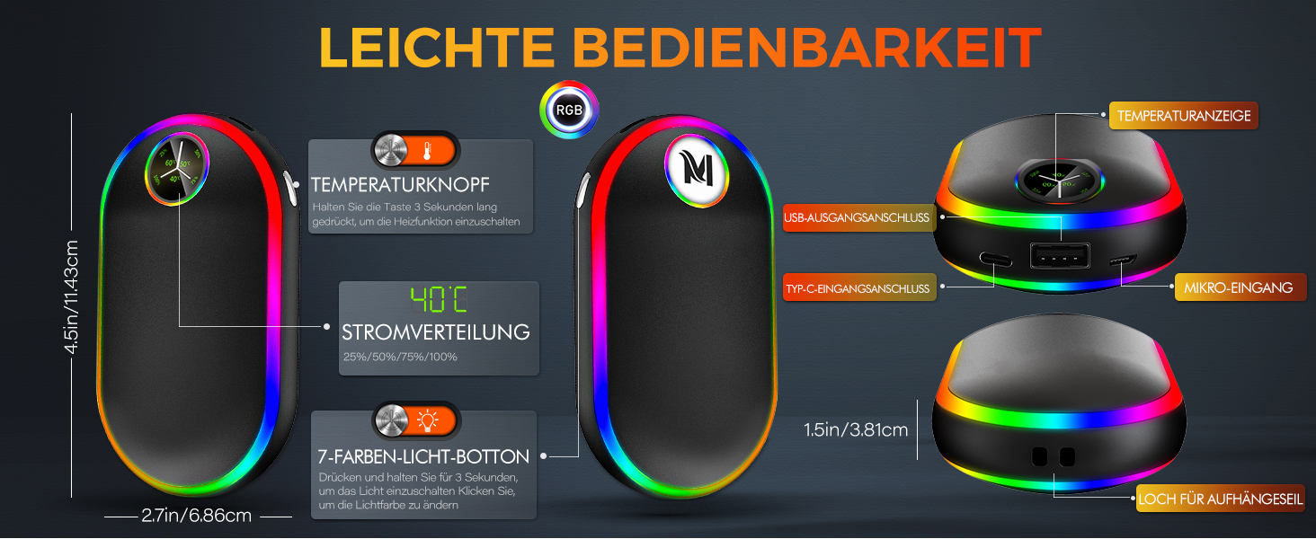 Електричний підігрівач для рук 10000mAh з підсвічуванням (7 кольорів), перезаряджуваний, портативний, чорний - ідеальний зимовий подарунок для чоловіків та жінок