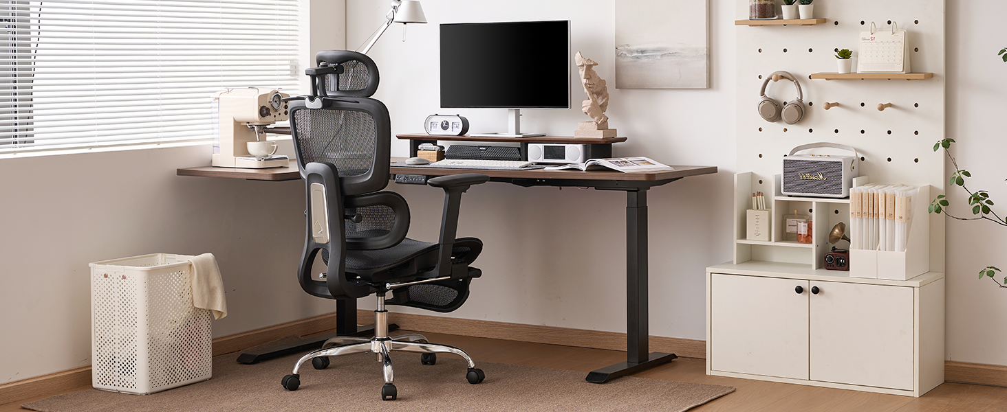 Ергономічне крісло для офісу з підніжкою та подушкою для шиї, 5-рівнева регульована спинка, 2D підтримка попереку, 3D підлокітники/підголівник, функція нахилу 145°, сітчасте сидіння, гумові колеса (Сірий, Lite)