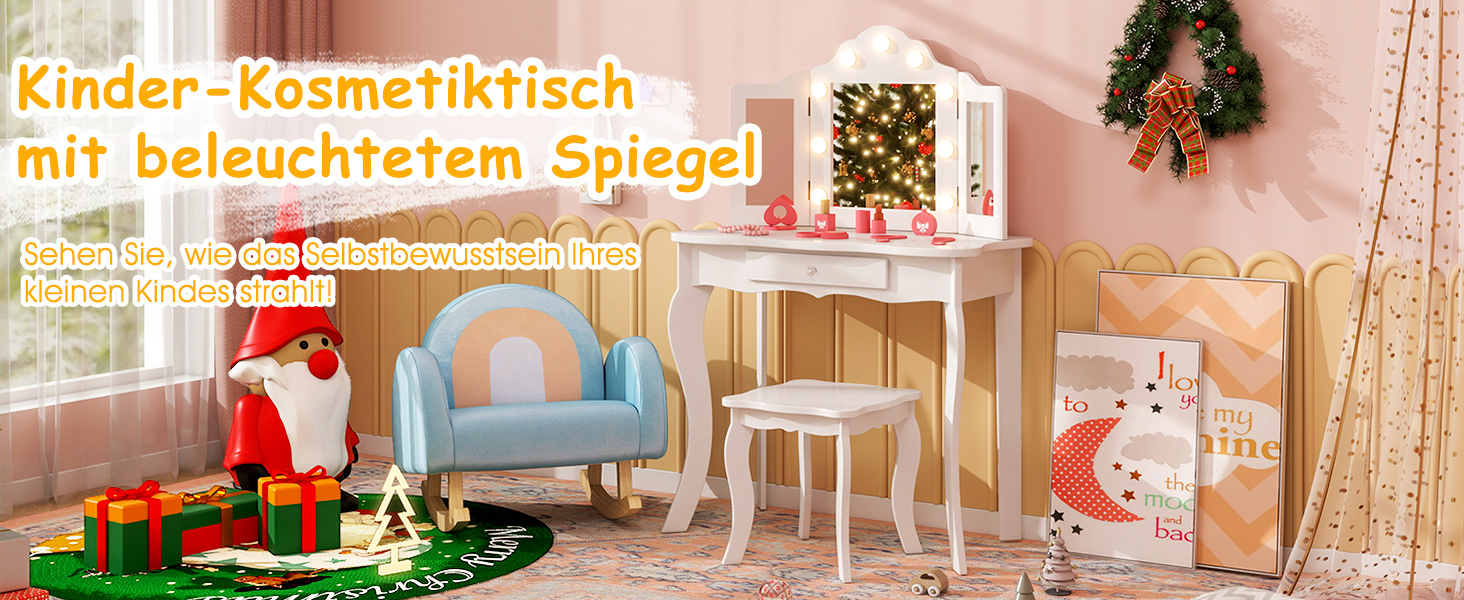 Дитячий столик для макіяжу 2 в 1 з підсвіткою та дзеркалом, COSTWAY, для дівчаток (білий)