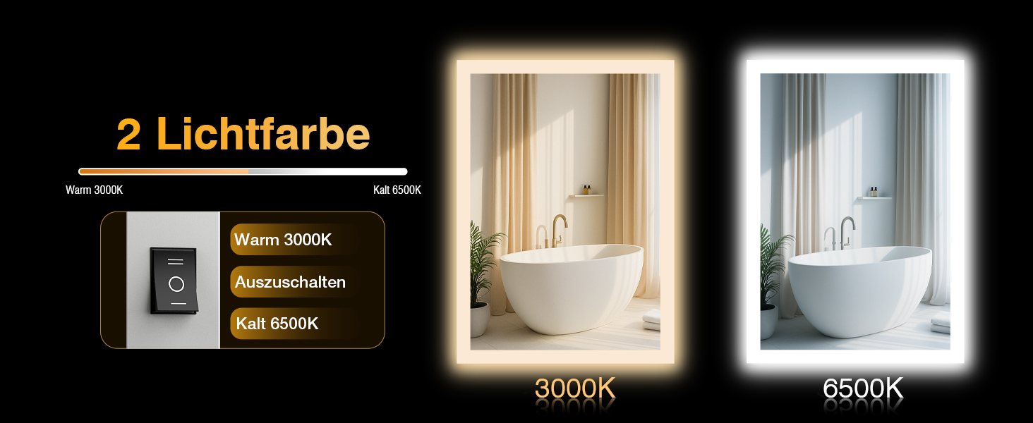 Дзеркало для ванної кімнати з підсвічуванням LED, антизапар, 2 кольори світла (3000K/6500K), вимикач-клавіша, прямокутне, 45 x 60 см