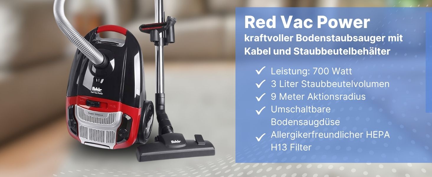 Пилсос Fakir Red Vac Power з мішком, 700W, з кабелем, HEPA фільтр H13, тихий двигун 69dB(A), мішок 3л, радіус дії 9м, чорно-червоний, циліндричний