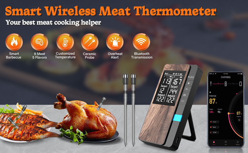 Бездротовий термометр для м'яса Pakinui з двома зондами, Bluetooth, IP67, для гриля, духовки, коптильні