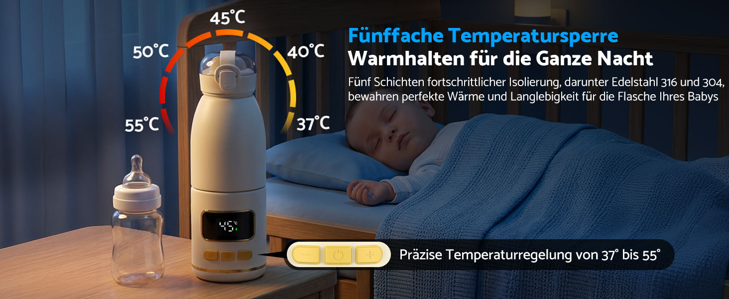 eSynic Підігрівач для пляшечок 450 мл з акумулятором 15000mAh, нержавіюча сталь 316, швидкий нагрів за 2-3 хв, для грудного молока та води, USB-C, BPA-free, для подорожей та нічного годування
