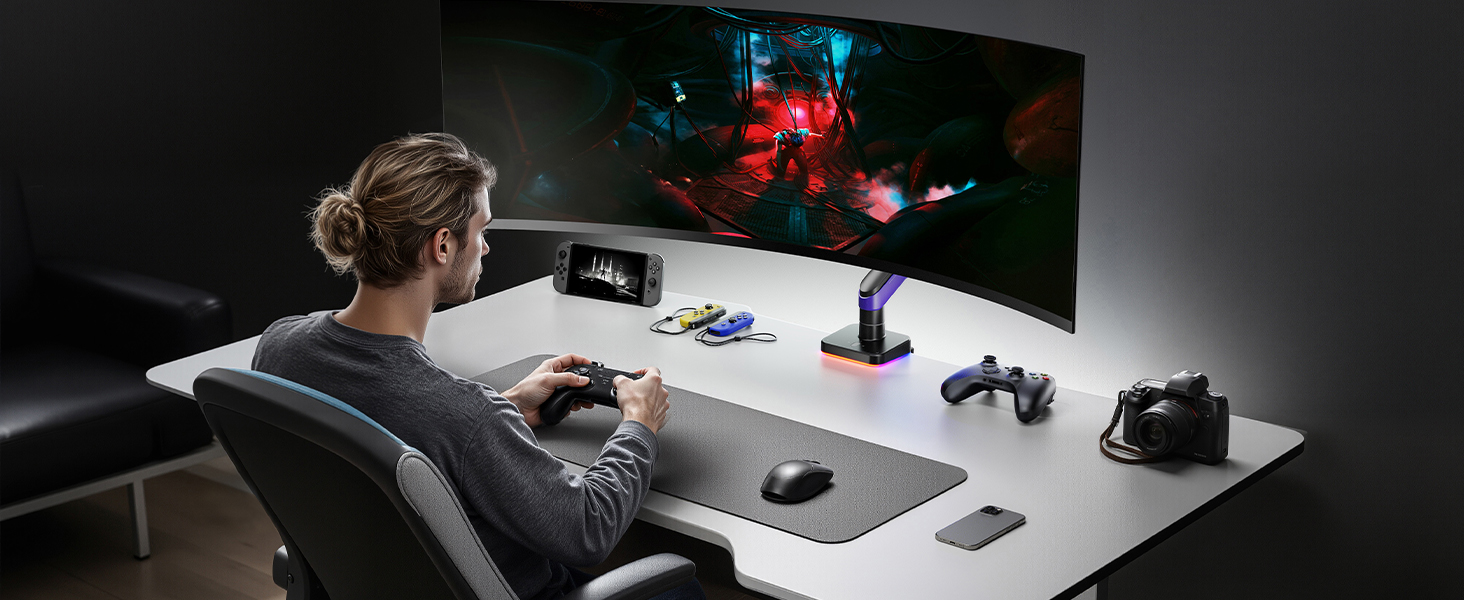 Кріплення для монітора ARES WING Gaming – для моніторів 17-49 дюймів, RGB, витримує до 20 кг, VESA 75/100 мм (фіолетовий)