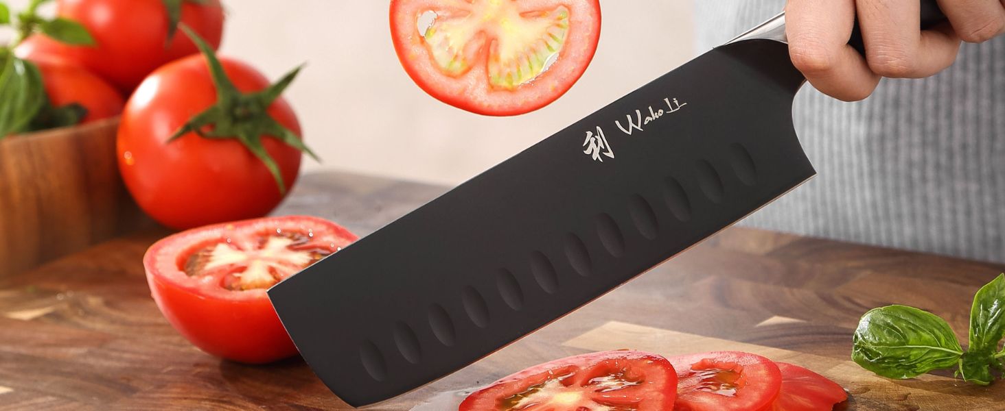 Набір кухонних ножів Wakoli Titanium Noir (5 предметів) з бруском - професійний набір ножів з титанового покриття, нержавіюча сталь, чорний, магнітний брусок, Nakiri