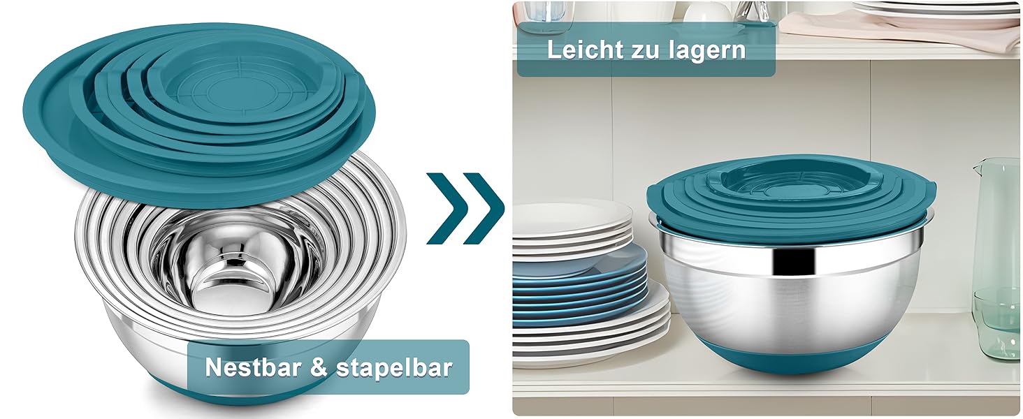 Набір мисок HaWare 6 шт. з нержавіючої сталі з кришками та тертками, 4.6/2.8/2.5/1.6/1.2/0.7 л, силіконове дно, миючі в посудомийній машині