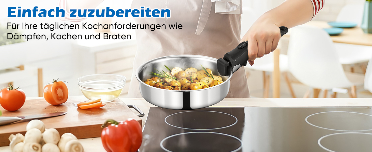 Набір каструль Joyfair, 9 предметів, з нержавіючої сталі, знімний ручка, для індукційних плит, сумісний з усіма типами плит, можна використовувати в духовці та мити в посудомийній машині