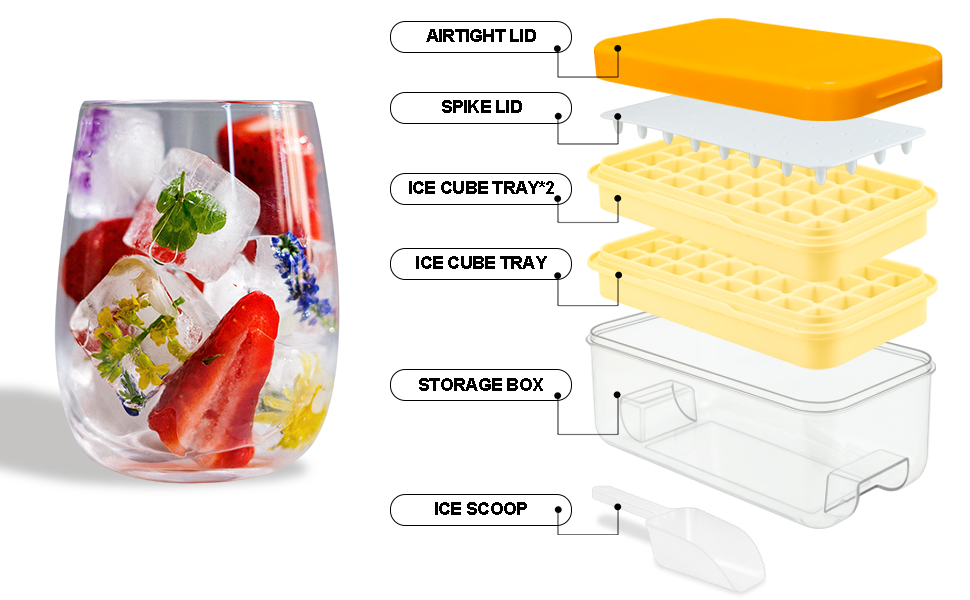 Лоток для кубиків льоду з кришкою і контейнером, 64 кубика льоду, просте натискання, щоб розпушити лід, охолодити коктейль, віскі, кава, 2 миски, 1 відро для льоду і ківш (жовтий)
