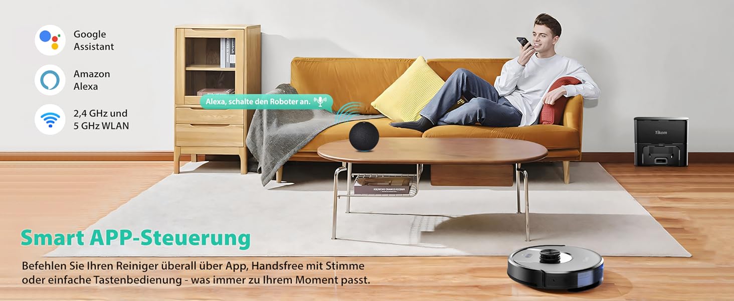 Робот-пилосос Tikom L8000 Plus з функцією миття, 6000Pa, LiDAR, Wi-Fi, для тварин та килимів