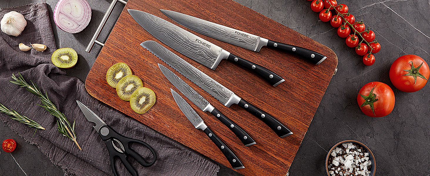 Набір ножів FOHERE 7 предметів: кухонний, для хліба, овочевий, з точилкою та магнітним блоком з нержавіючої сталі та дерева
