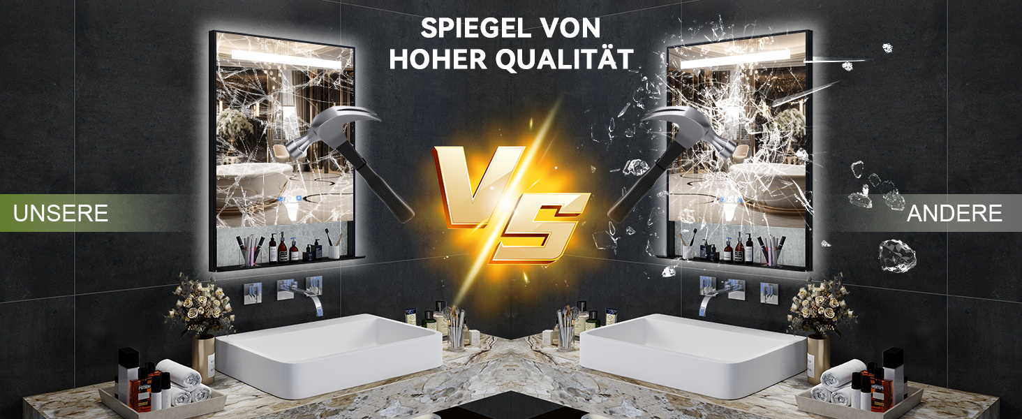 Дзеркало для ванної кімнати YU YUSING 80x60 см з підсвічуванням LED, 3 кольори світла, регулювання яскравості, антизапарник, сенсорне управління, таймер, загартоване скло, IP44 (чорний з полицею)