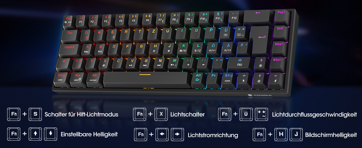 Механічна клавіатура KOORUI для геймінгу: бездротова/провідна, Bluetooth, 82 клавіші, QWERTZ (німецька розкладка), 4000mAh, RGB, для Windows/MacOS/Linux