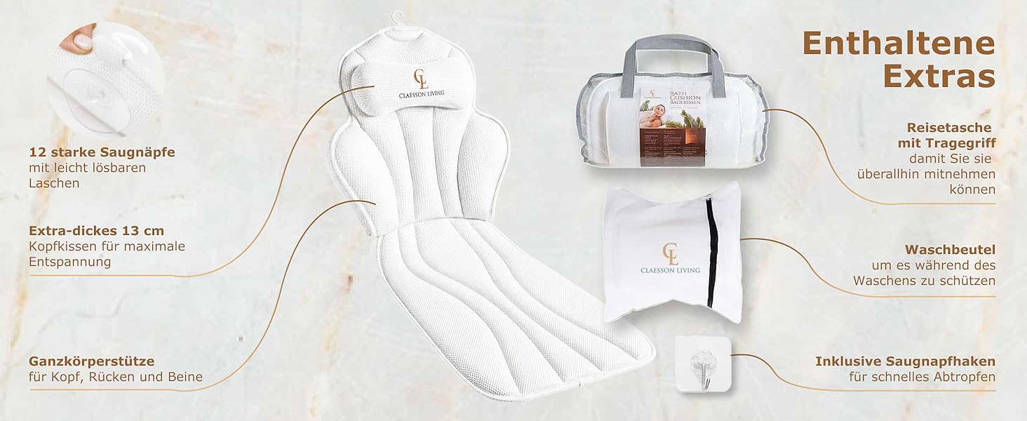 Подушка для ванни повне тіло (152x56 см) з підголівником (11 см) - біла. Підтримка шиї, спини та ніг. З сумкою для прання та подорожей, гачком для сушіння.