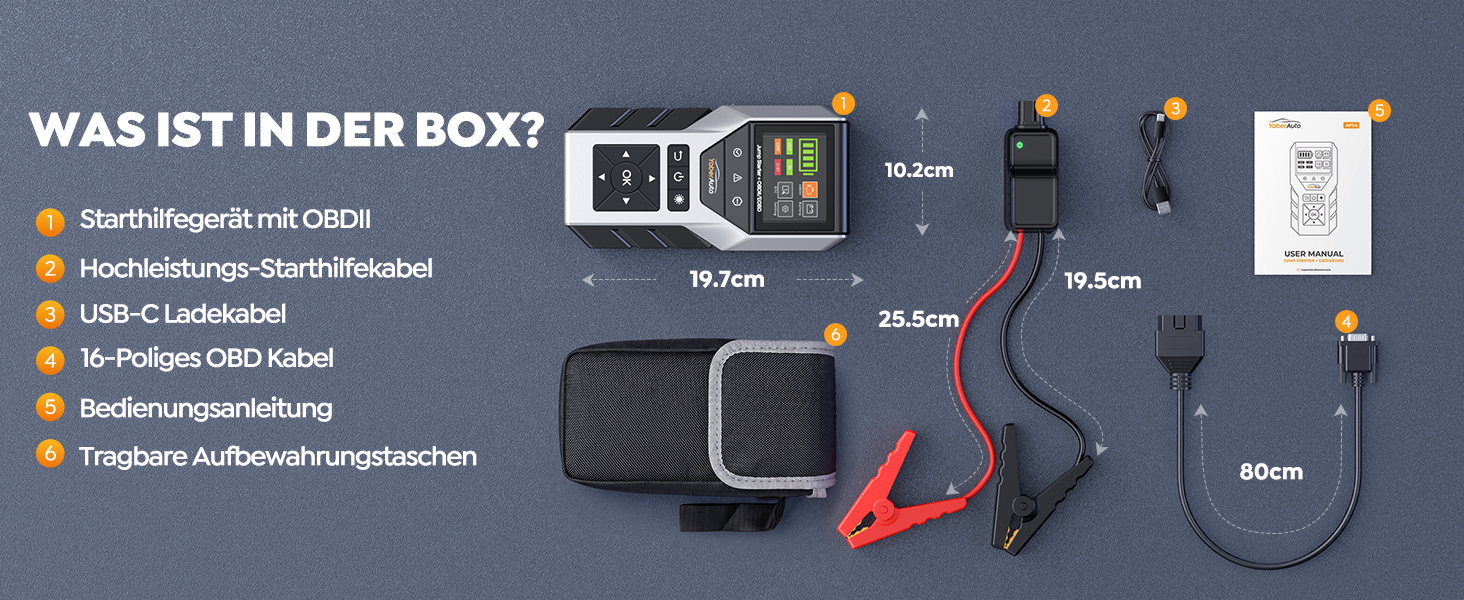 Пусковий пристрій YaberAuto Jump Starter 7000A з OBD2 діагностикою та тестером акумулятора, Powerbank 16800mAh для бензинових та дизельних авто (до 10л), з LED-ліхтарем