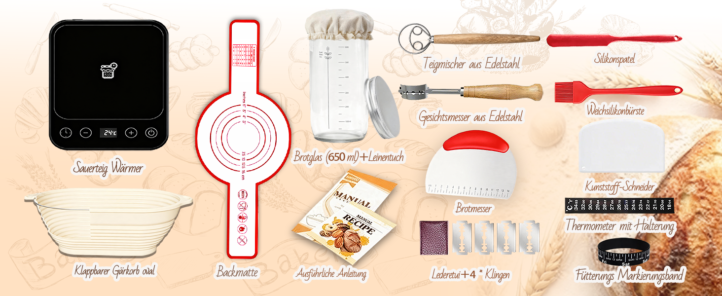 Набір для закваски Daity: 12 предметів для випікання хліба, термоконтейнер, гнітниця для бродіння овальної форми 28 см, силікон, для початківців та професіоналів