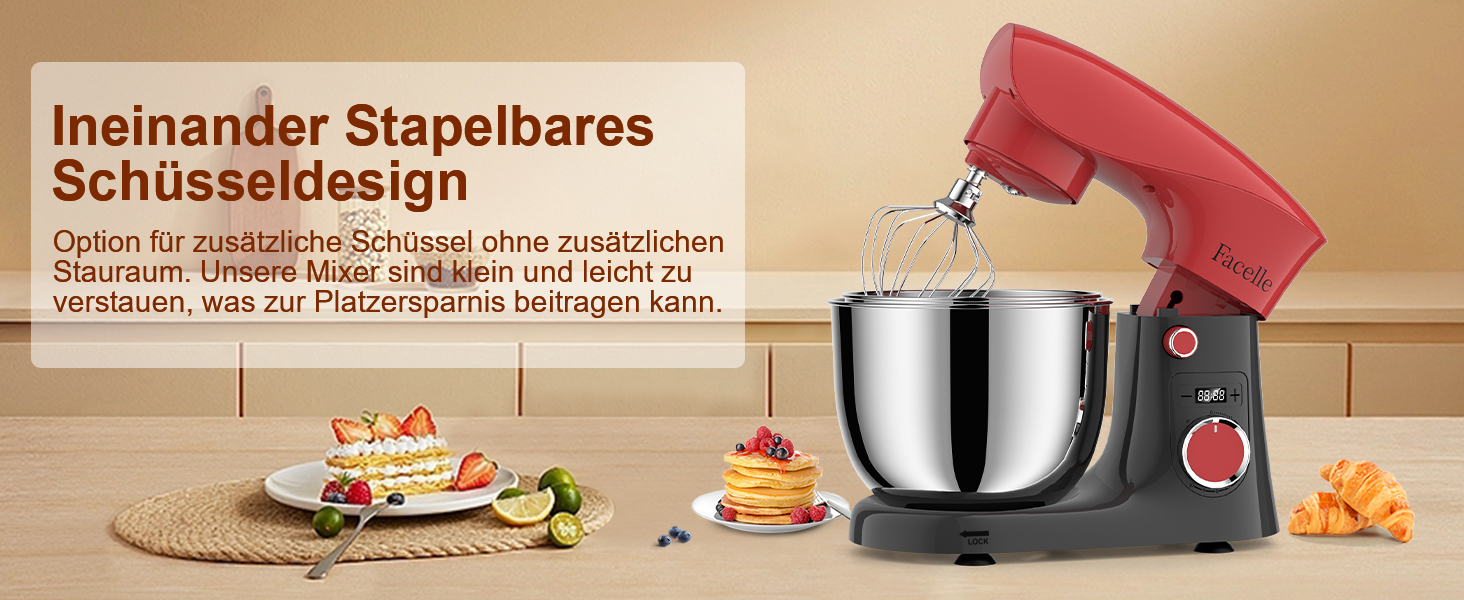 Кухонна машина-міксер Facelle 1500W з чашею 5.5L/4.5L, 10+ програм, тиха робота, з набором насадок (червоно-сірий)