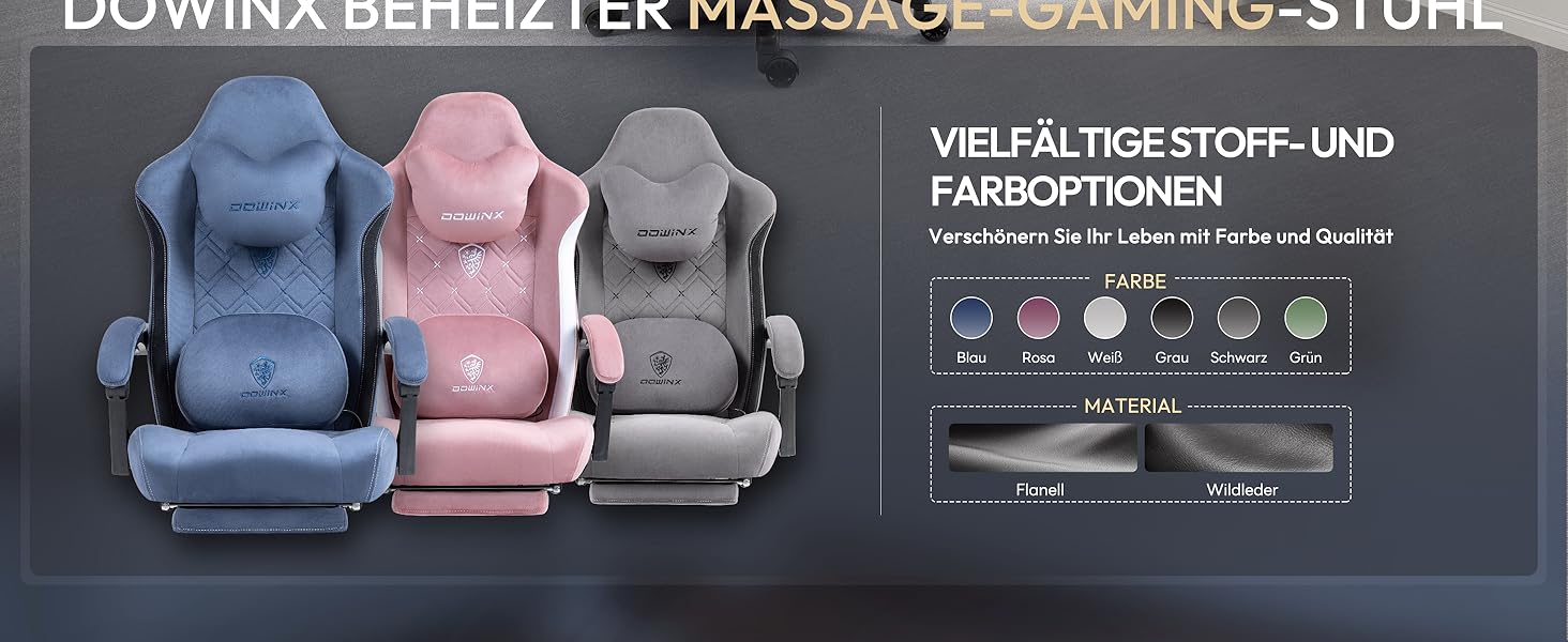 Ігровий крісло Dowinx з масажем, ергономічний дизайн, підставка для ніг, тканинний чохол, поперекова подушка, підголовник, 200 кг, блакитний