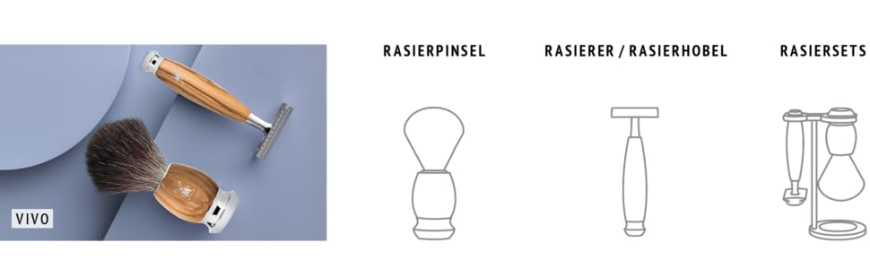 Набір для гоління MHLE Vivo - щітка для гоління з чорного волокна, безпечна бритва, підставка - ручки з оливкового дерева та металеві акценти - веганські