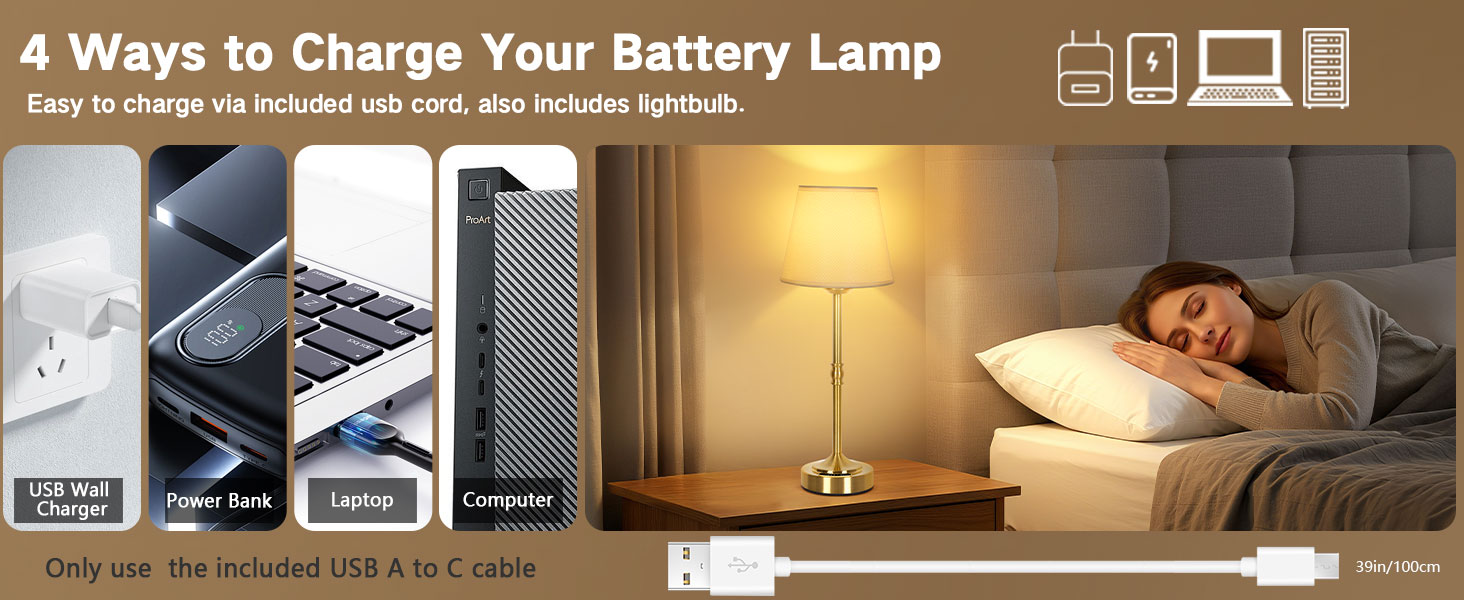 OUTON Настільна лампа бездротова, 2 шт. – диммування, 3 кольори світла, 4000mAh, USB-C, 60 год роботи, золота для спальні, вітальні, їдальні