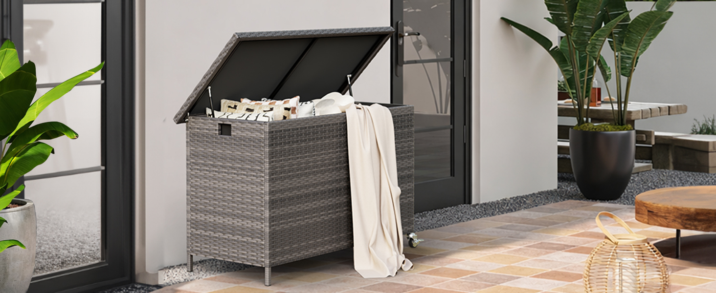 Водонепроникний садовий ящик Amopatio Gartenbox 480л з поліротангу, металевий ящик для подушок на колесах з газліфтом для саду та балкону, сірий