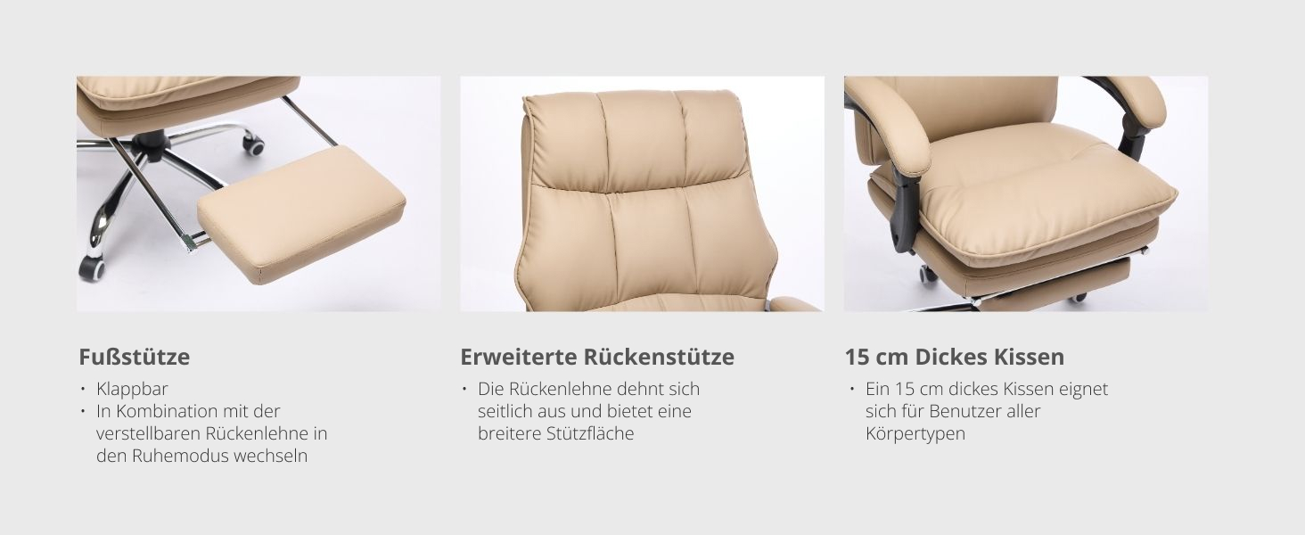 Крісло шеф-кухар SEEDWAVE з підставкою для ніг, офісне крісло, 150 кг, широке сидіння, спинка регулюється під кутом 155°