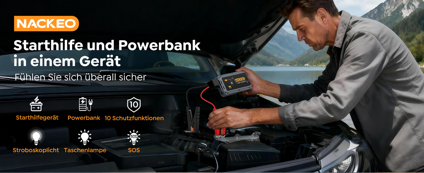 Powerbank для авто 12V Starthilfe 5000A: Зарядний пристрій для автомобіля, SUV, мотоцикла, газонокосарки з LED-ліхтарем