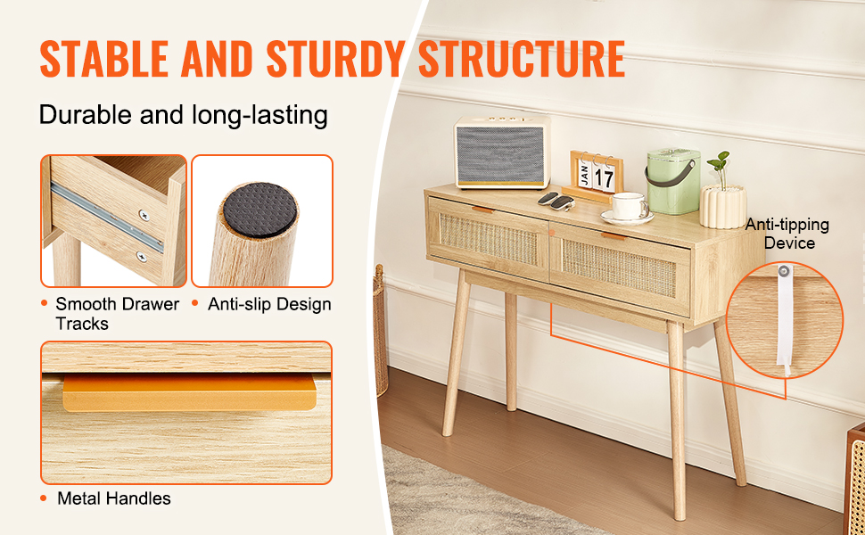 Консольний столик VEVOR з ротангу з 2 шухлядами, бежевий | для вітальні, робочого кабінету, передпокою