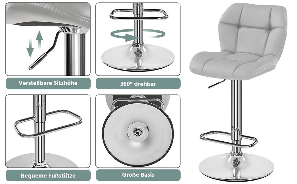 Барні стільці Yaheetech 2 шт. регульовані по висоті, обертаються на 360°, з підніжками та спинкою, з PU-шкіри, сірі (2 шт.)