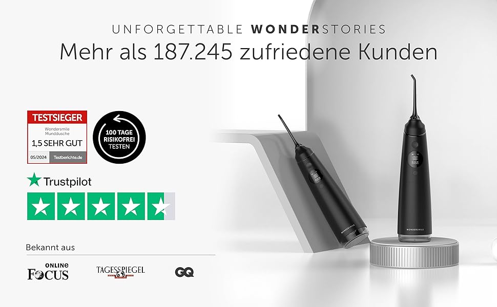 Wondersmile Munddusche PRO: Переможець тесту 2024 року, TÜV-сертифікована, 100 днів без ризику, SmoothFlow для догляду за зубами та яснами, 5 режимів, акумулятор PowerAkku (30 днів), Ultimate Black