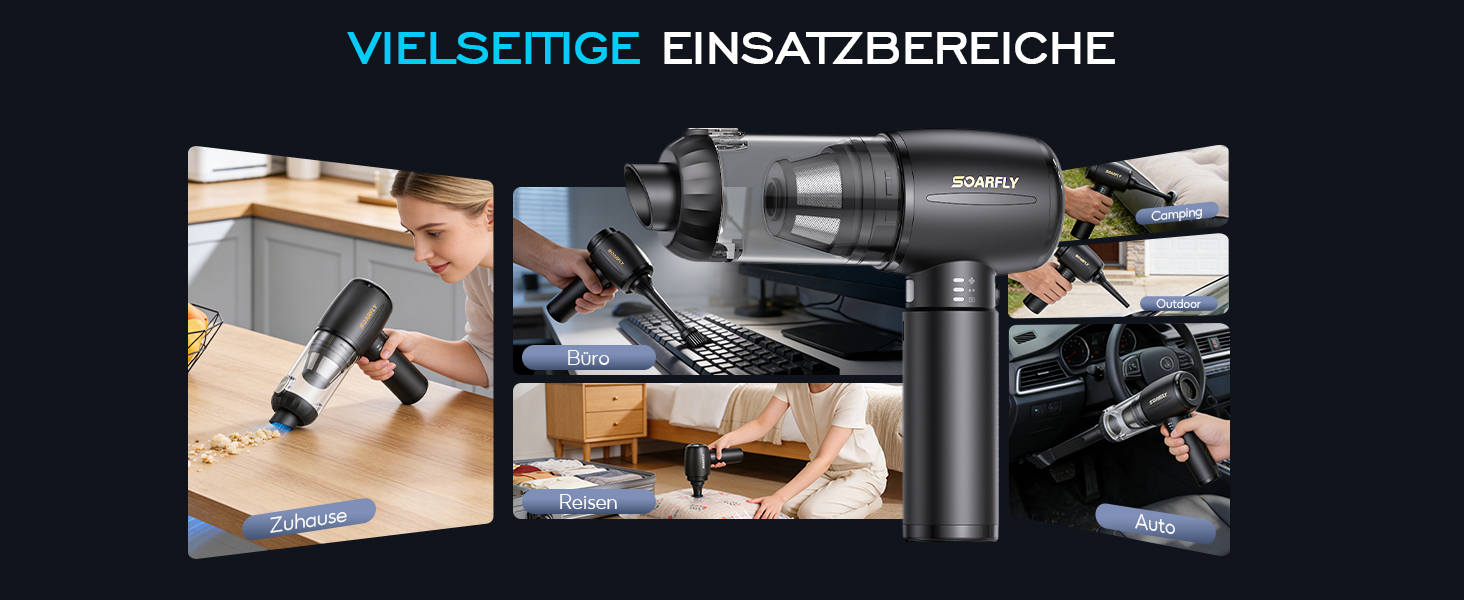 Акумуляторний ручний пилосос SoarFly 4 в 1, 25000Па, бездротовий міні-пилосос для авто, дому та ПК з безщітковим двигуном, LED-підсвіткою та набором щіток, чорний