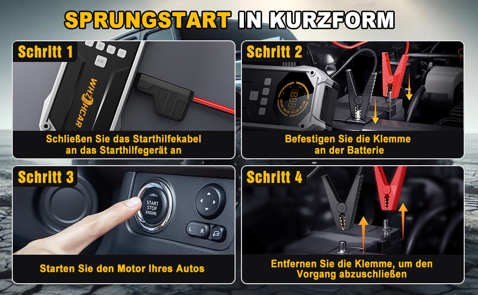 Портативний пусковий пристрій Starthilfe Powerbank 6000A з компресором, ліхтарем Lumen та LCD-дисплеєм. Чорний