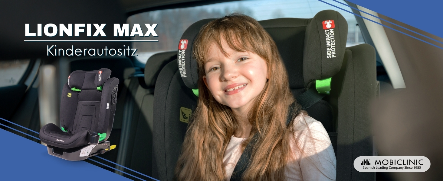 Дитяче крісло, Lionfix MAX, стандарт i-Size, ISOFIX, Клітка для пляшечки, 100-150 см, Двосторонній захист, Регульований підголівник, Європейський бренд, 3 положення регулюється, Можна прати