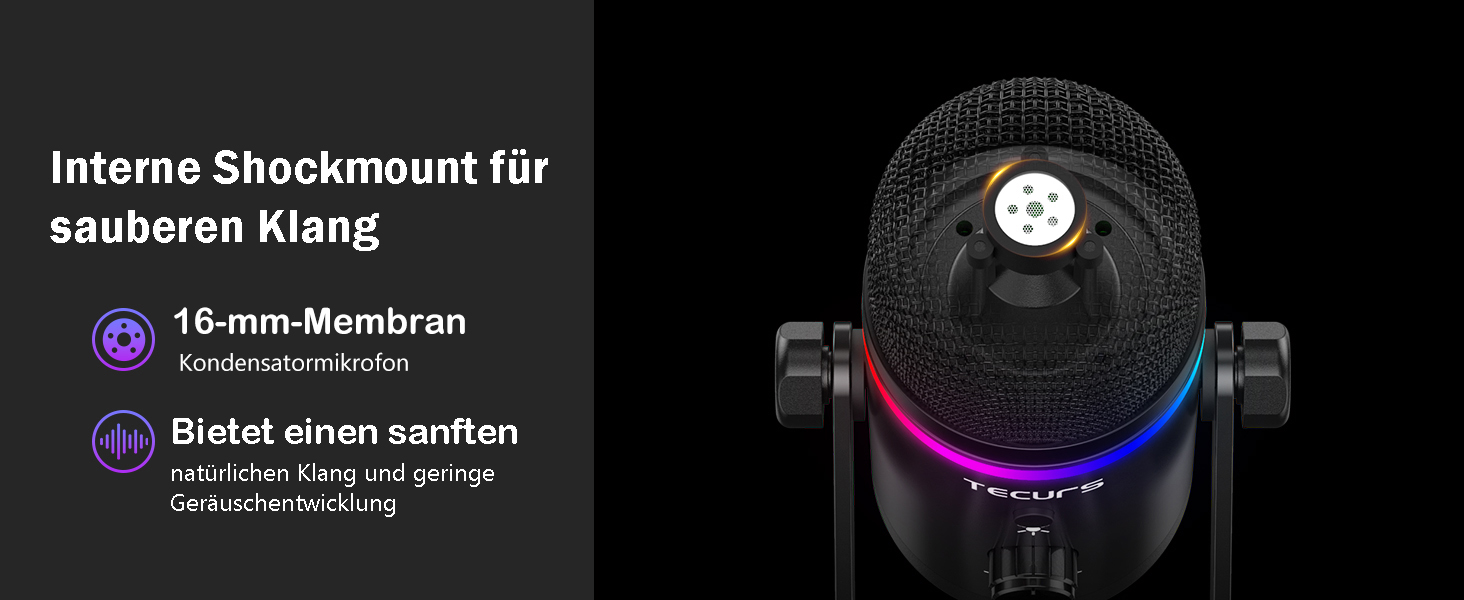 TECURS Мікрофон USB для ігор з RGB підсвічуванням, шумозаглушенням та студійним звуком – для стрімінгу, подкастів, PC, Mac, PS4, консолі, чорний