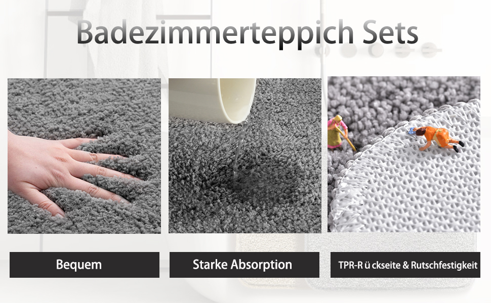 Набір нековзних килимків для ванної Achiiso з 3 частин, абсорбент, можна прати в пральній машині, мікрофібра, сірий
