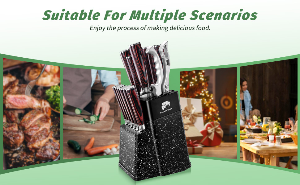 Набір кухонних ножів Fullhi 14 предметів з бруском для заточування: кухонні ножі, ножі для стейку, барвисті ручки. Ідеальний подарунок для чоловіків та жінок.