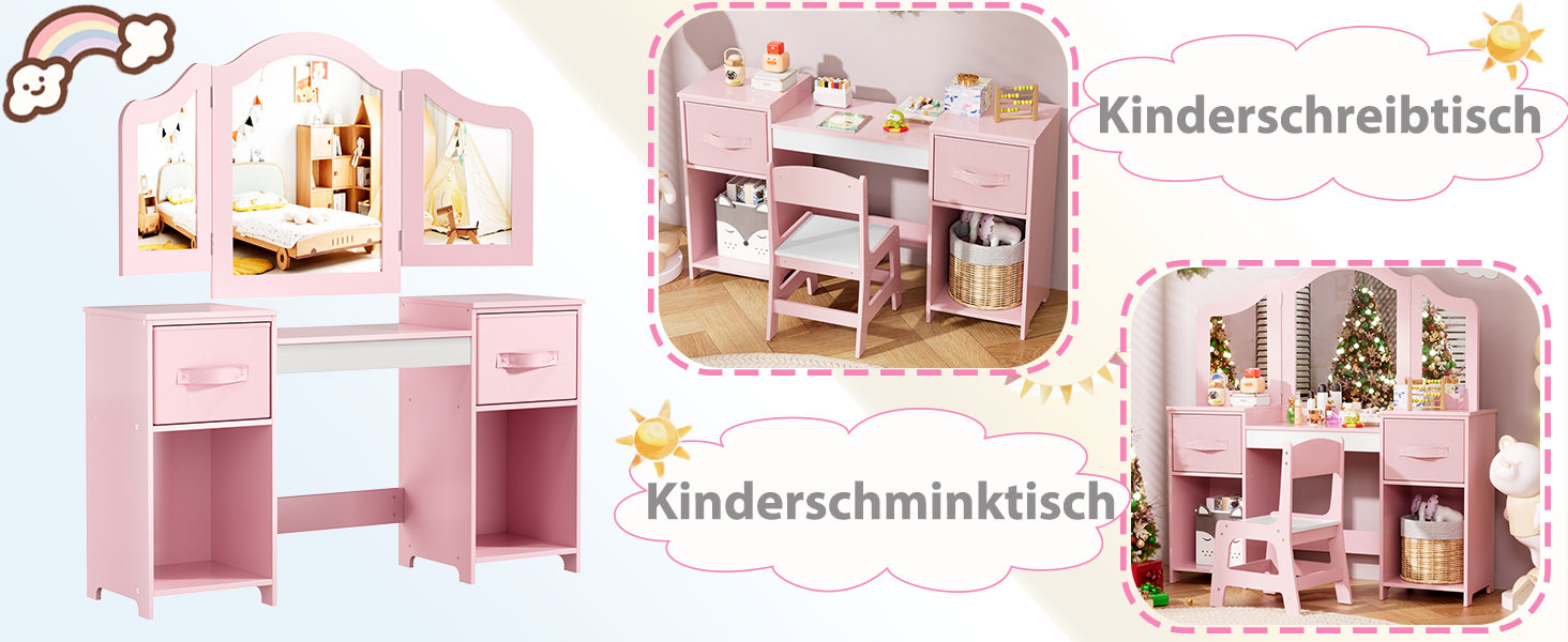 Дитячий туалетний столик MAMIZO 2 в 1 з дзеркалом та пуфом, рожево-білий (108x30x114 см)