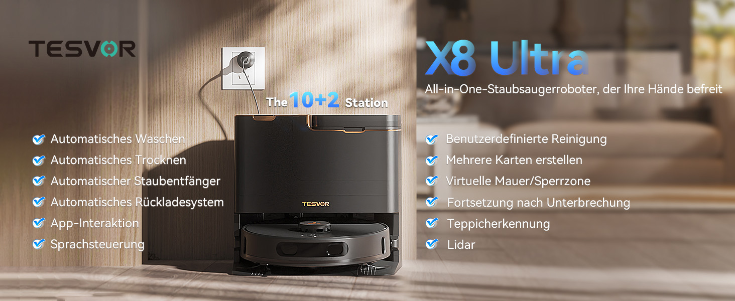 Робот-пилосос Tesvor S8 Pro з функцією миття - 8000Pa, 3в1, LiDAR-навігація, 240 хв роботи, керування через додаток/Alexa, для шерсті тварин, килимів та твердих підлог