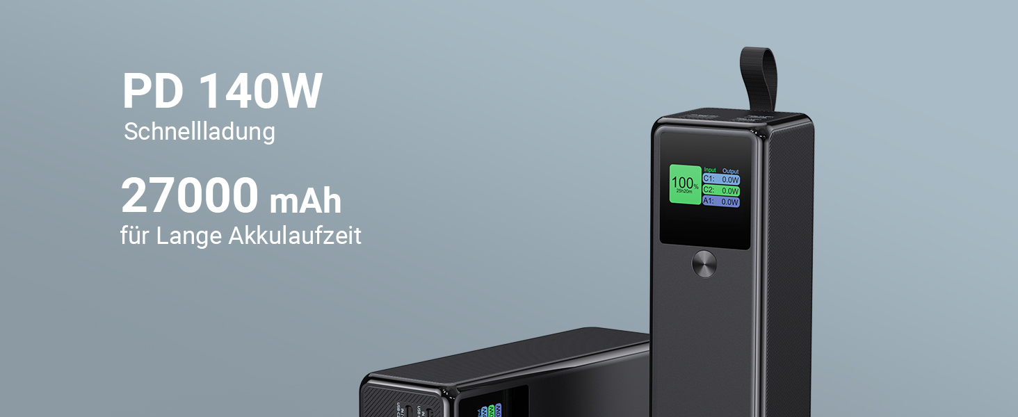 Power Bank VAFOTON 27000mAh 140W з 3 портами, цифровим дисплеєм та USB-C кабелем (Чорний)