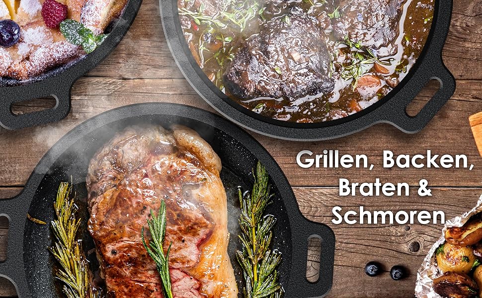 Набір чавунних казанів KESSER Dutch Oven для гриля та BBQ, 7.3 л, з підставкою з нержавіючої сталі, кришкознімачем та отвором для термометра, для використання на відкритому повітрі та вдома