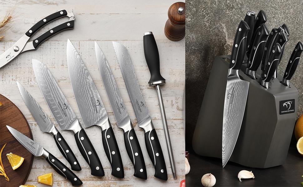 Набір кухонних ножів NANFANG BROTHERS 9 штук з дамаської сталі з дерев'яним блоком, професійний кухонний набір, VG10 сталь, преміум якість