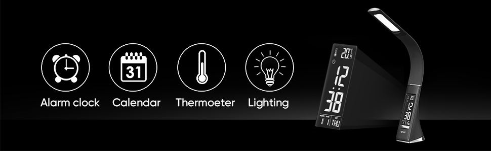 Світлодіодна настільна лампа WILIT з годинником, з можливістю затемнення, сенсорний будильник, шкіряний вигляд, 3 рівня яскравості, чорний
