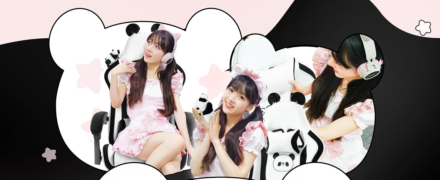 Ігровий крісло Dowinx Panda Edition - ергономічне комп'ютерне крісло з підніжкою, PU-шкіра, поперекова підтримка, чорно-білий дизайн