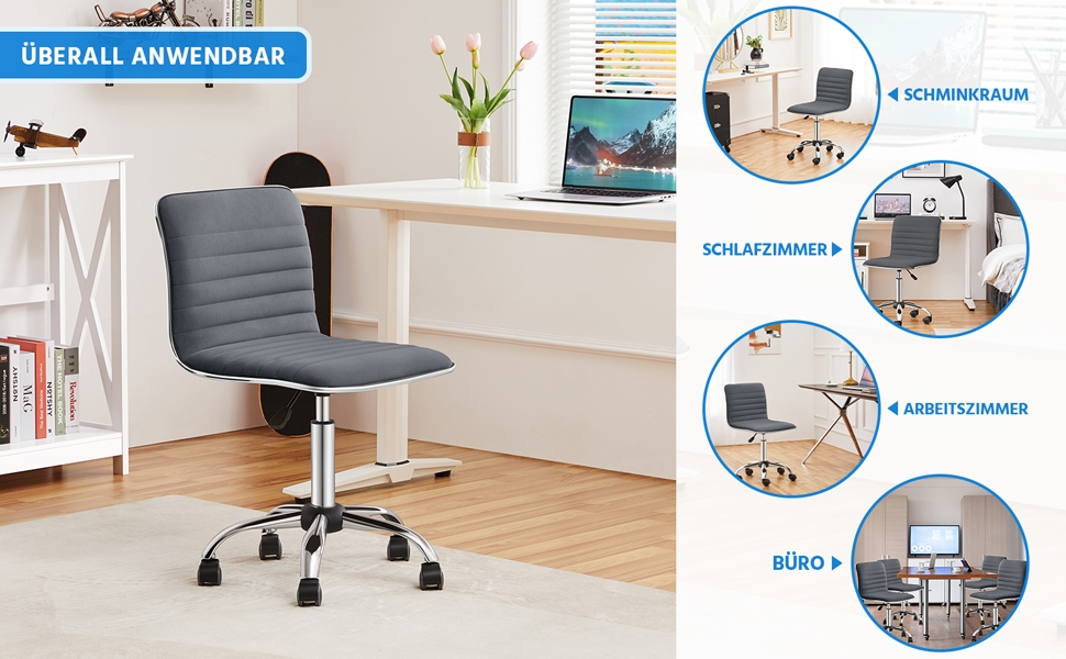 Офісне крісло Yaheetech без підлокітників, ергономічне, з регулюванням висоти, поворотне на 360°, з м'якою оббивкою з велюру, сірого кольору