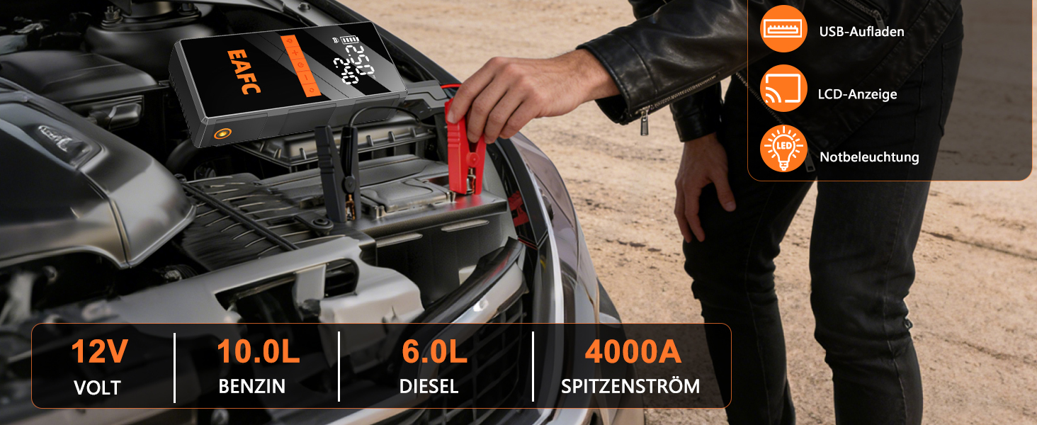 Пусковий інвертор (бустер) 4000A з компресором 150 PSI, Powerbank 12V для авто (бензин до 10л, дизель до 6л) з LED-дисплеєм та USB-C, набір у сумці