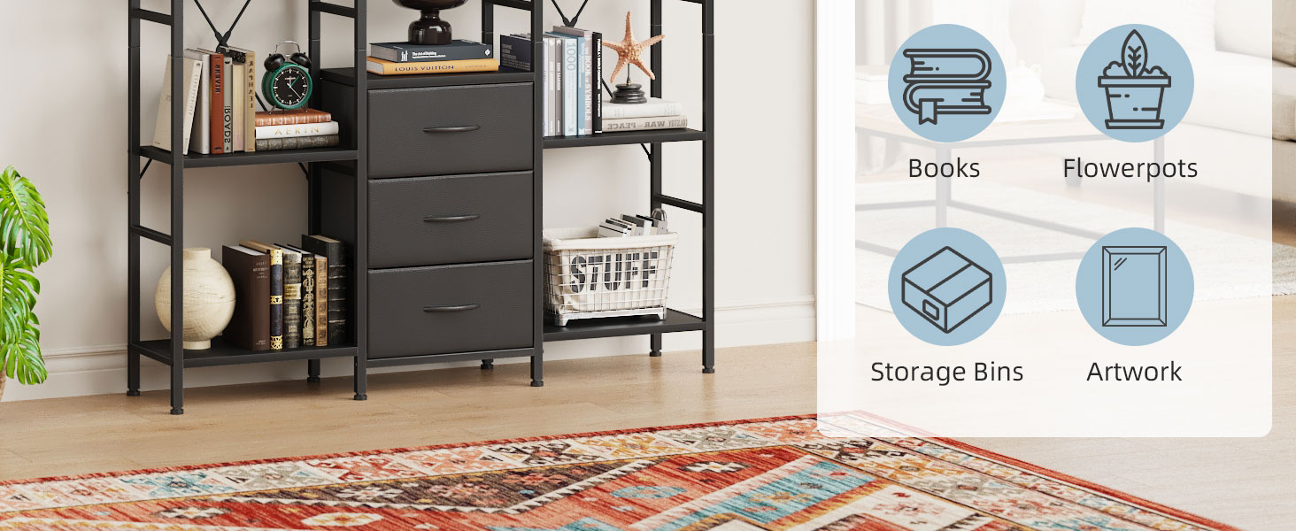 Стильна полиця-стеллаж з 4 висувними ящиками з тканини, 142 см, чорний колір. Ідеально для вітальні, офісу, кухні, балкону. Книжкова полиця, стелаж-куб, полиця для зберігання.