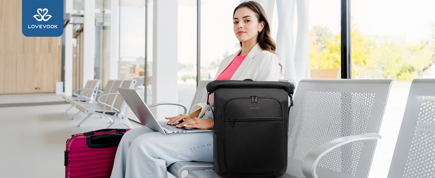 LOVEVOOK Рюкзак Rolltop, чорний, 17.3 дюйми, водонепроникний, для подорожей, школи, університету, велосипеда